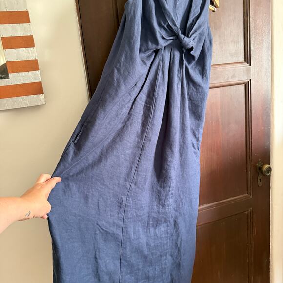 ANOTHER PLACE | Navy Blue Linen Bow Front Relaxed Shift Midi Dress | Small - Picture 3 of 6